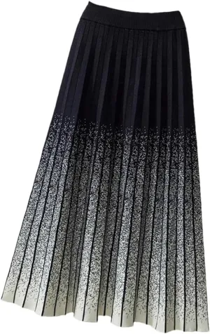 Gradient Knitted Long Skirt Women Fall Winter Stripe High Waist Pleated Midi Skirt Female