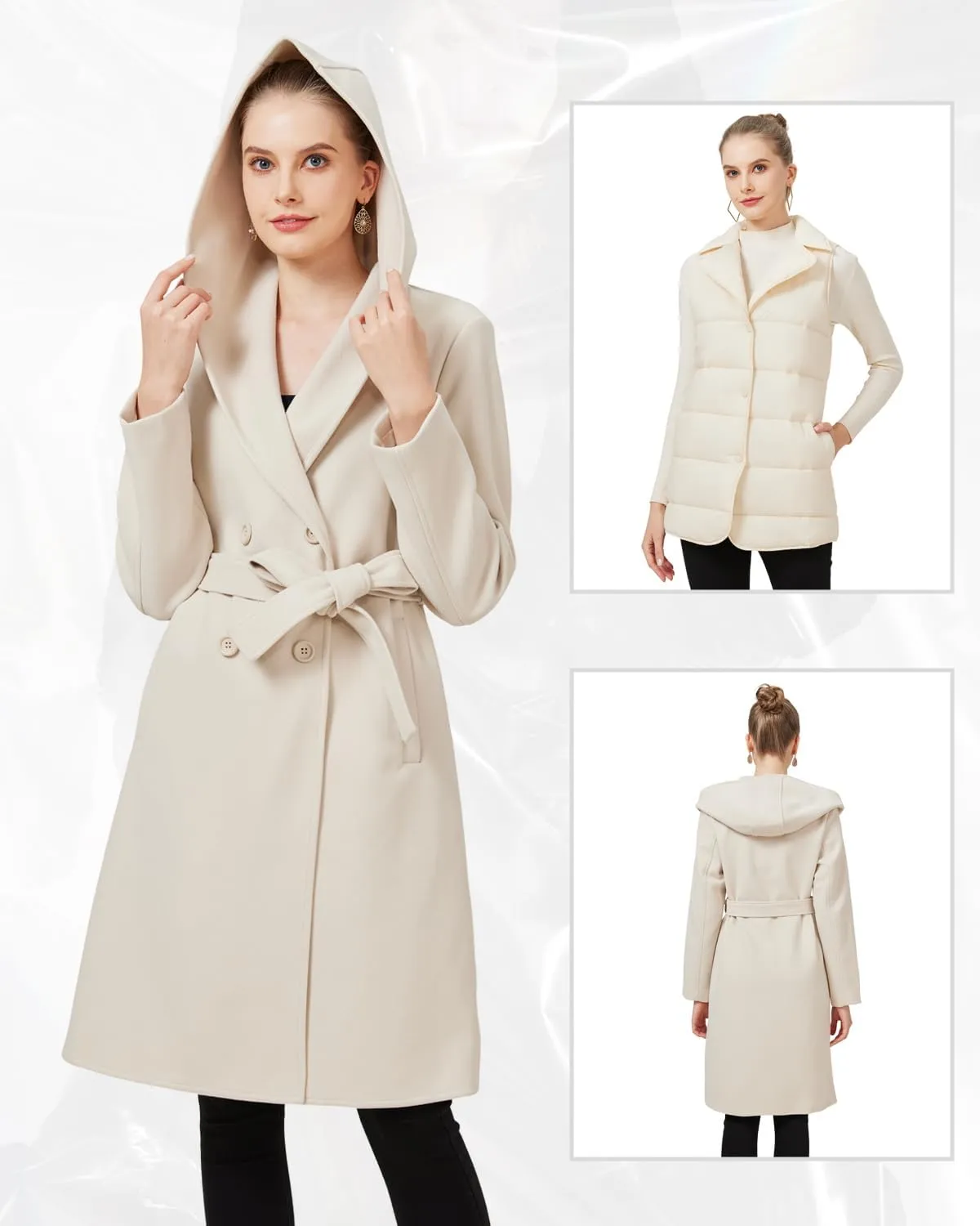 GRAN ORIENTE Winter Mid Length Woolen Pea Coats Trench For Women with Warm Down Vest and Faux Fur Collar