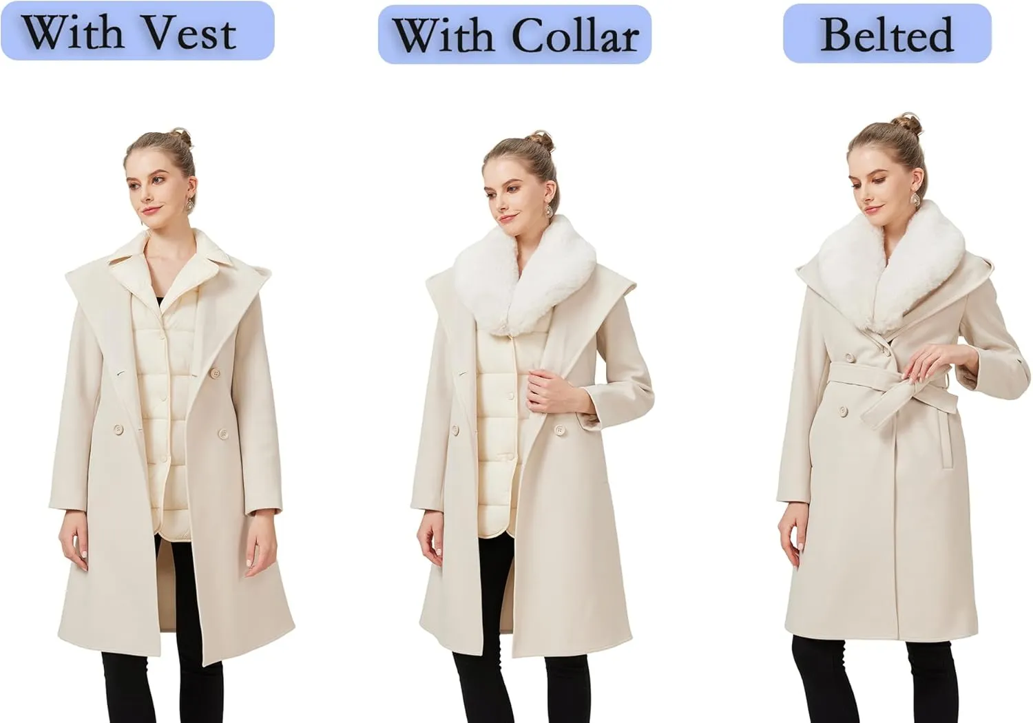 GRAN ORIENTE Winter Mid Length Woolen Pea Coats Trench For Women with Warm Down Vest and Faux Fur Collar