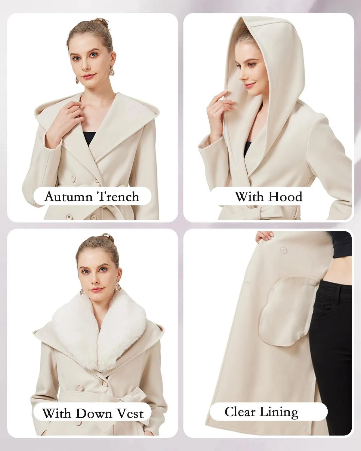 GRAN ORIENTE Winter Mid Length Woolen Pea Coats Trench For Women with Warm Down Vest and Faux Fur Collar
