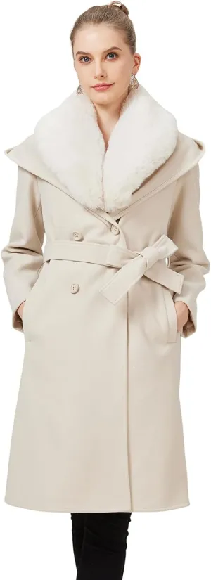 GRAN ORIENTE Winter Mid Length Woolen Pea Coats Trench For Women with Warm Down Vest and Faux Fur Collar