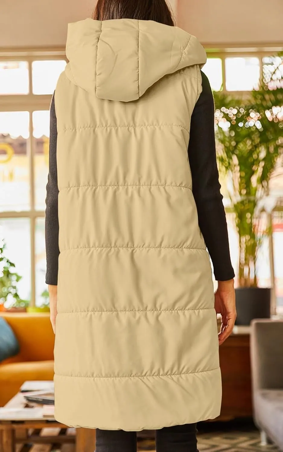 Grlasen Women's Long Quilted Puffer Vest Sleeveless Hooded Button Down Padded Coats Jacket Outerwear with Pockets