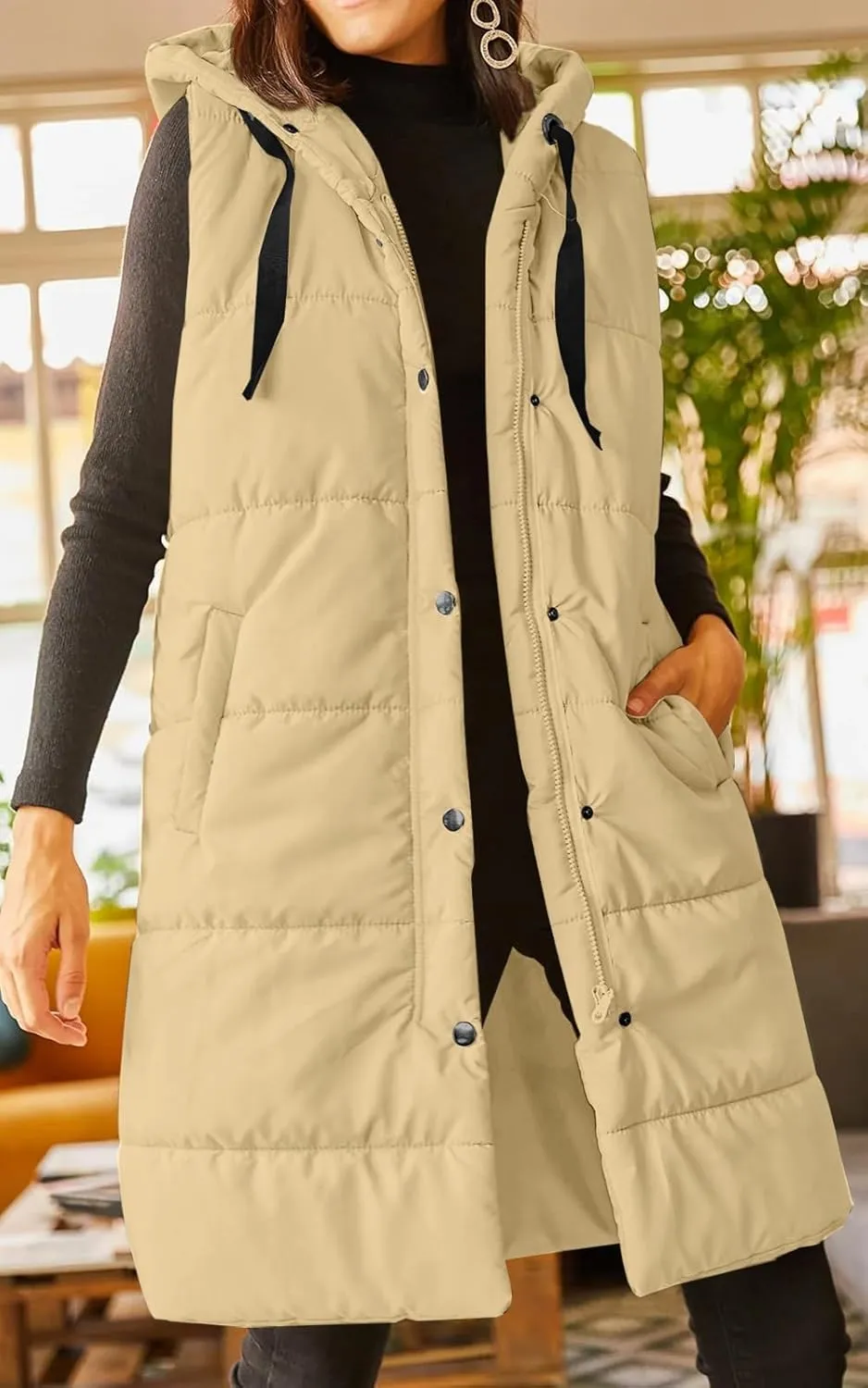 Grlasen Women's Long Quilted Puffer Vest Sleeveless Hooded Button Down Padded Coats Jacket Outerwear with Pockets