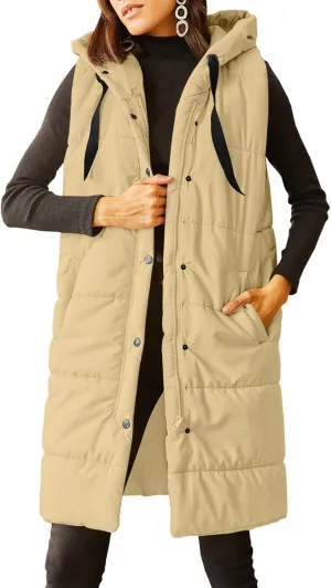 Grlasen Women's Long Quilted Puffer Vest Sleeveless Hooded Button Down Padded Coats Jacket Outerwear with Pockets