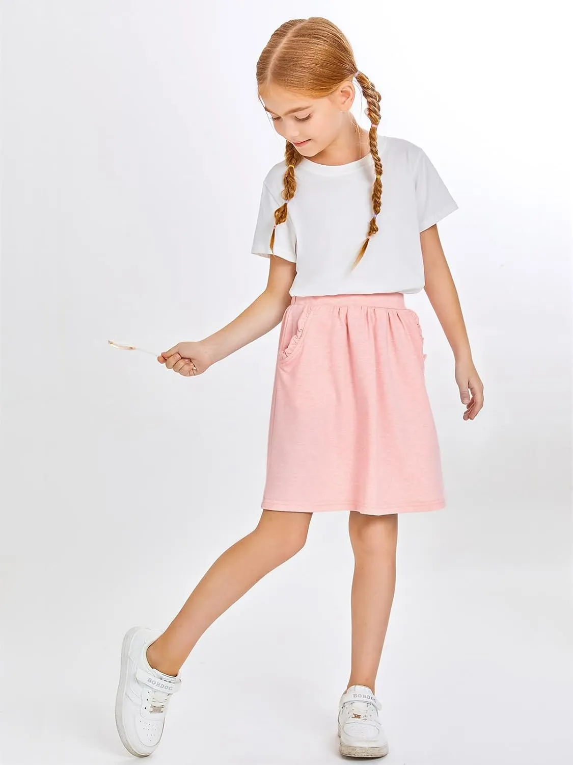 Haloumoning Girls Sweat Skirts Kids Cute Elastic Waist Ruffle A-line Skorts with Pockets Fashion Clothes