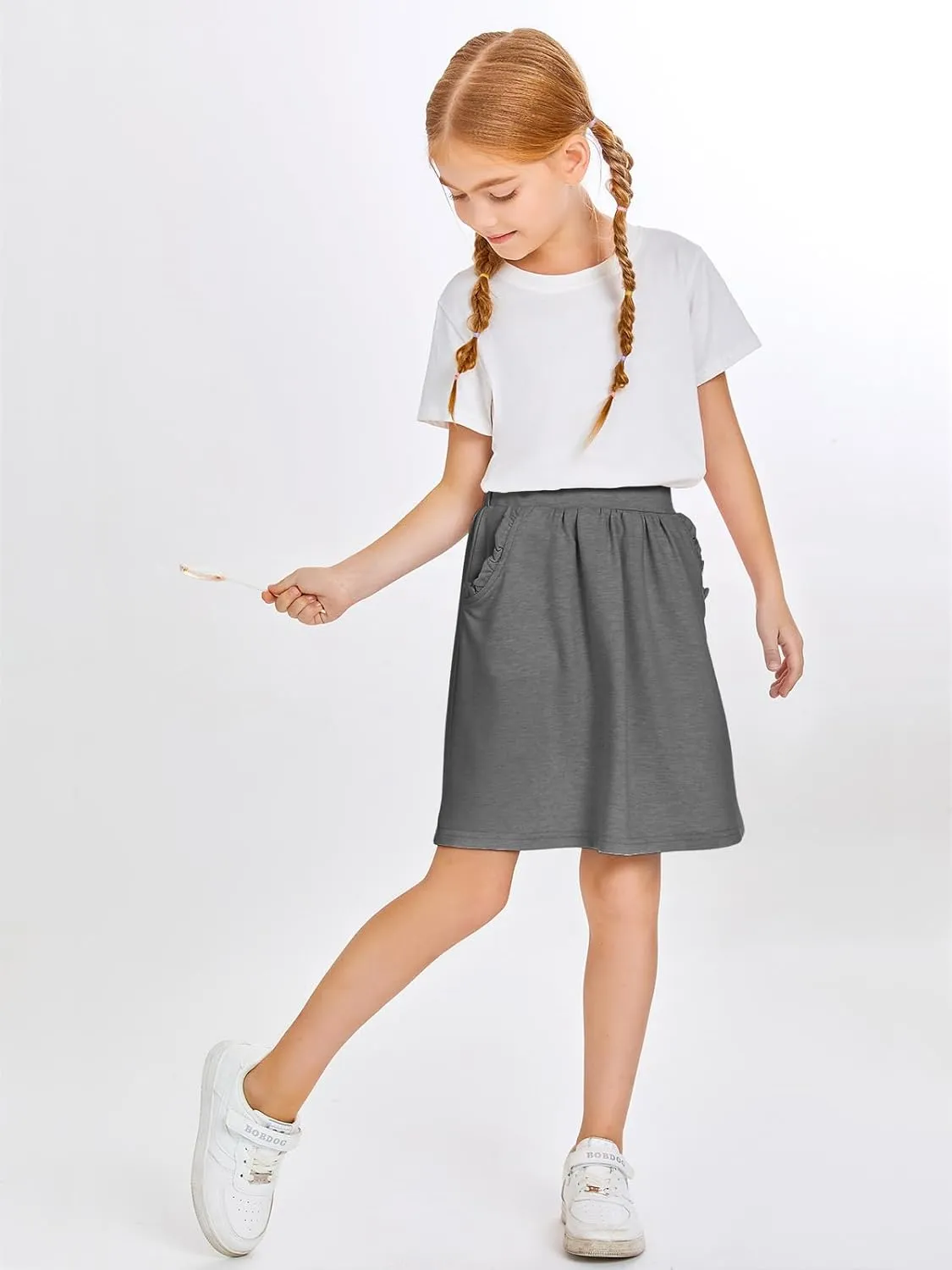 Haloumoning Girls Sweat Skirts Kids Cute Elastic Waist Ruffle A-line Skorts with Pockets Fashion Clothes