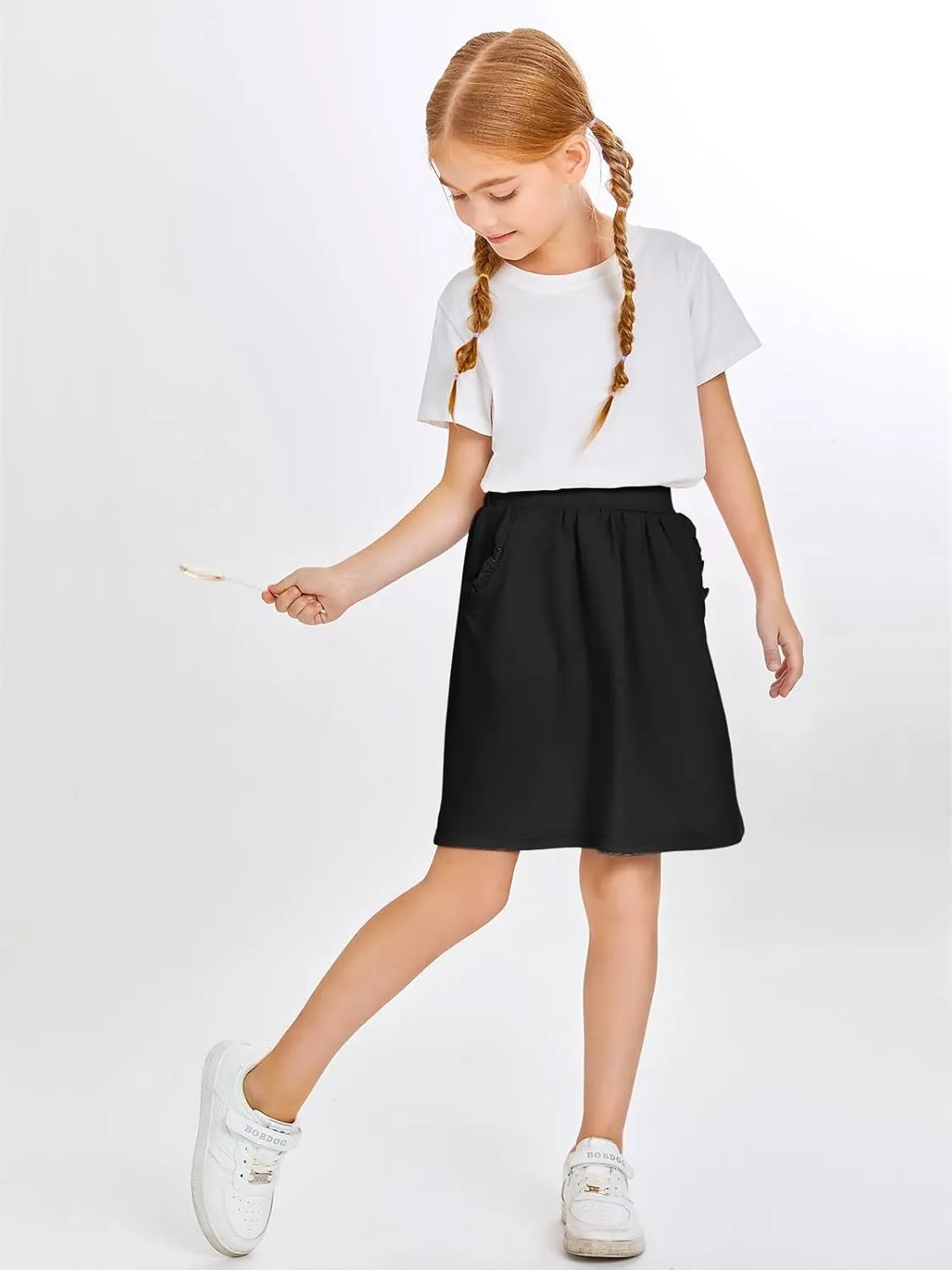Haloumoning Girls Sweat Skirts Kids Cute Elastic Waist Ruffle A-line Skorts with Pockets Fashion Clothes