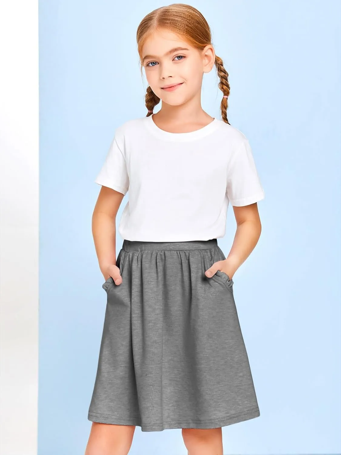 Haloumoning Girls Sweat Skirts Kids Cute Elastic Waist Ruffle A-line Skorts with Pockets Fashion Clothes