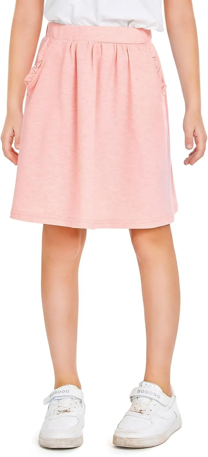 Haloumoning Girls Sweat Skirts Kids Cute Elastic Waist Ruffle A-line Skorts with Pockets Fashion Clothes