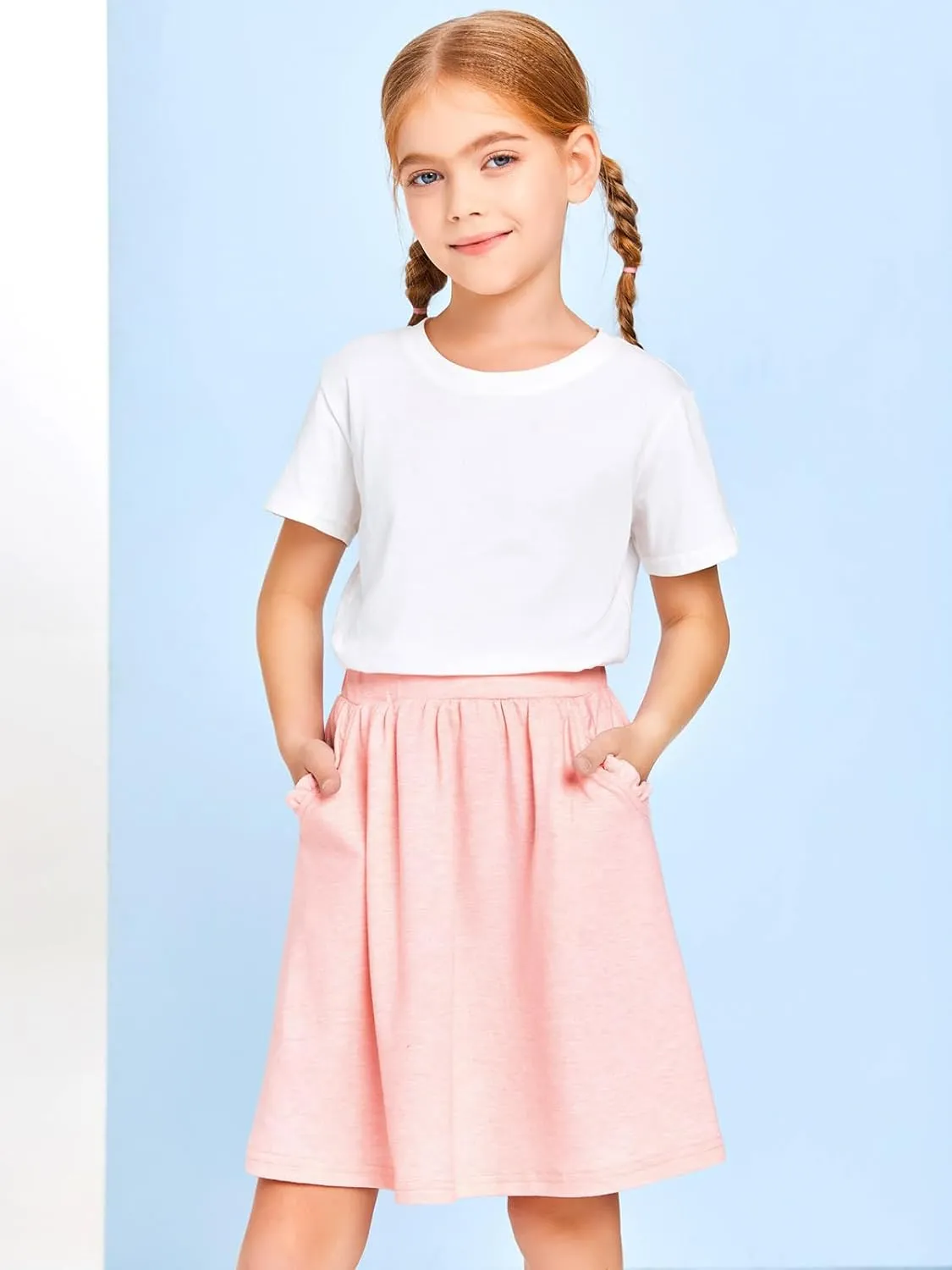 Haloumoning Girls Sweat Skirts Kids Cute Elastic Waist Ruffle A-line Skorts with Pockets Fashion Clothes