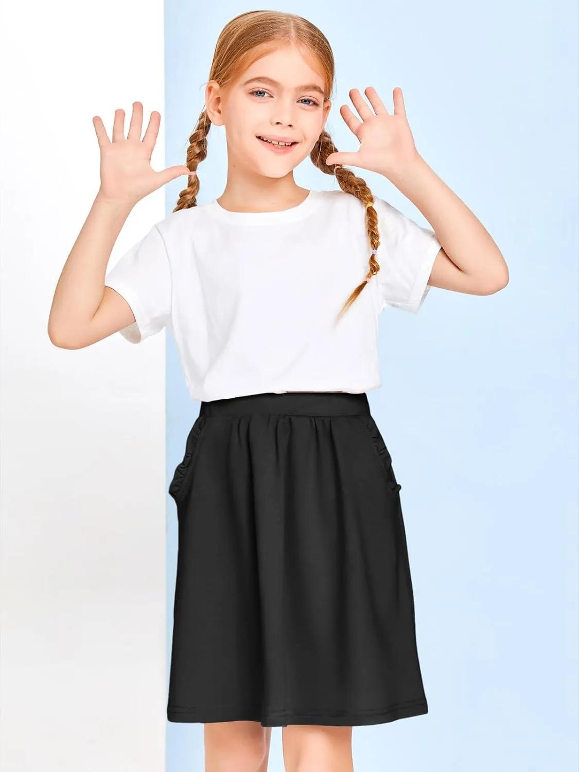 Haloumoning Girls Sweat Skirts Kids Cute Elastic Waist Ruffle A-line Skorts with Pockets Fashion Clothes