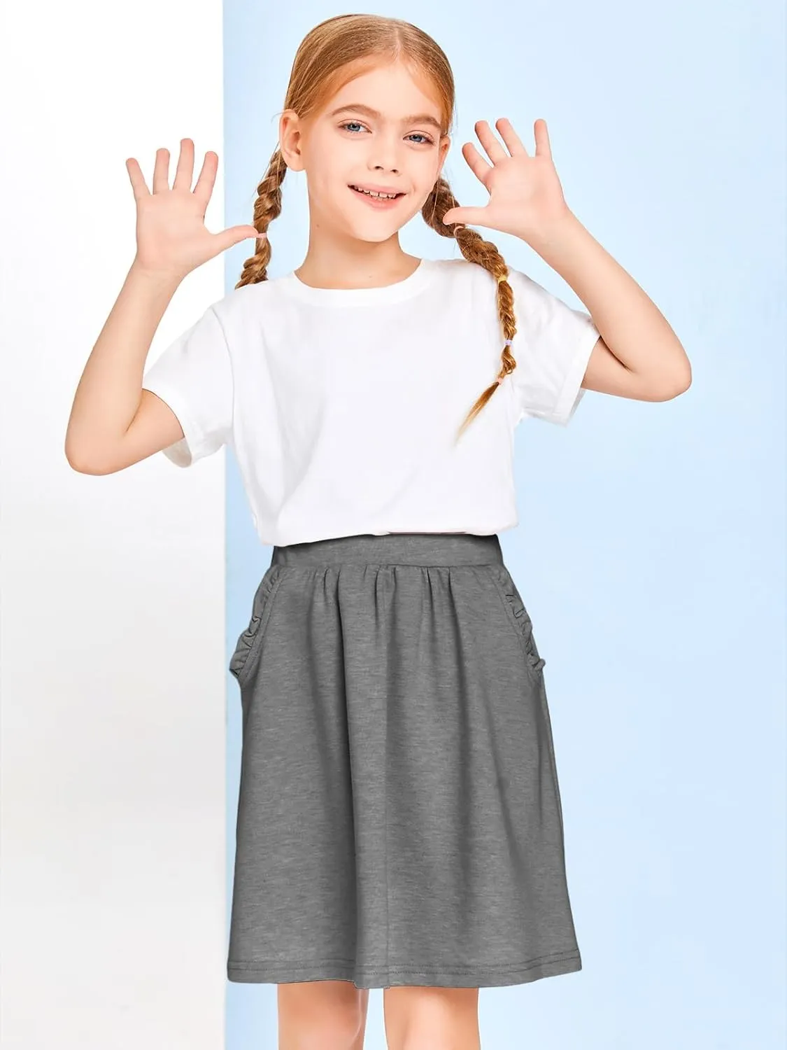 Haloumoning Girls Sweat Skirts Kids Cute Elastic Waist Ruffle A-line Skorts with Pockets Fashion Clothes