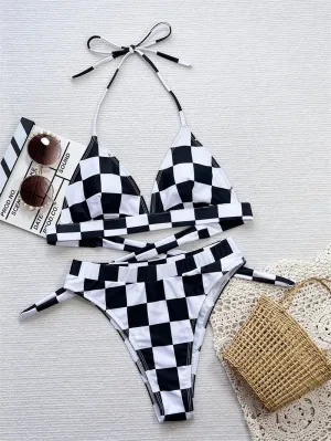 Halter Plaid Bikinis 2025 Sexy Swimsuit Women Bandage Swimwear High Waist Biquini Bathing Suit Brazilian Beachwear