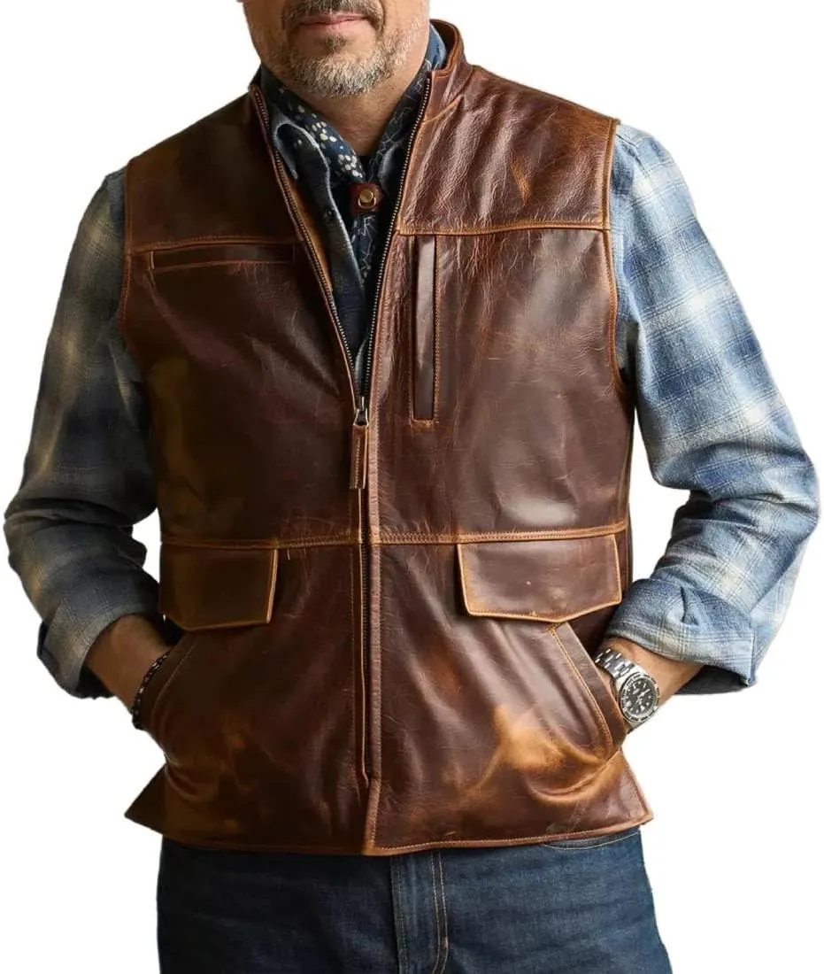 H&D Clothing Men's Genuine Lambskin Leather Vest Brown Motorcycle Lambskin Motorcycle Vest Distressed Style Vest