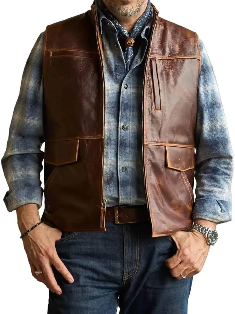 H&D Clothing Men's Genuine Lambskin Leather Vest Brown Motorcycle Lambskin Motorcycle Vest Distressed Style Vest