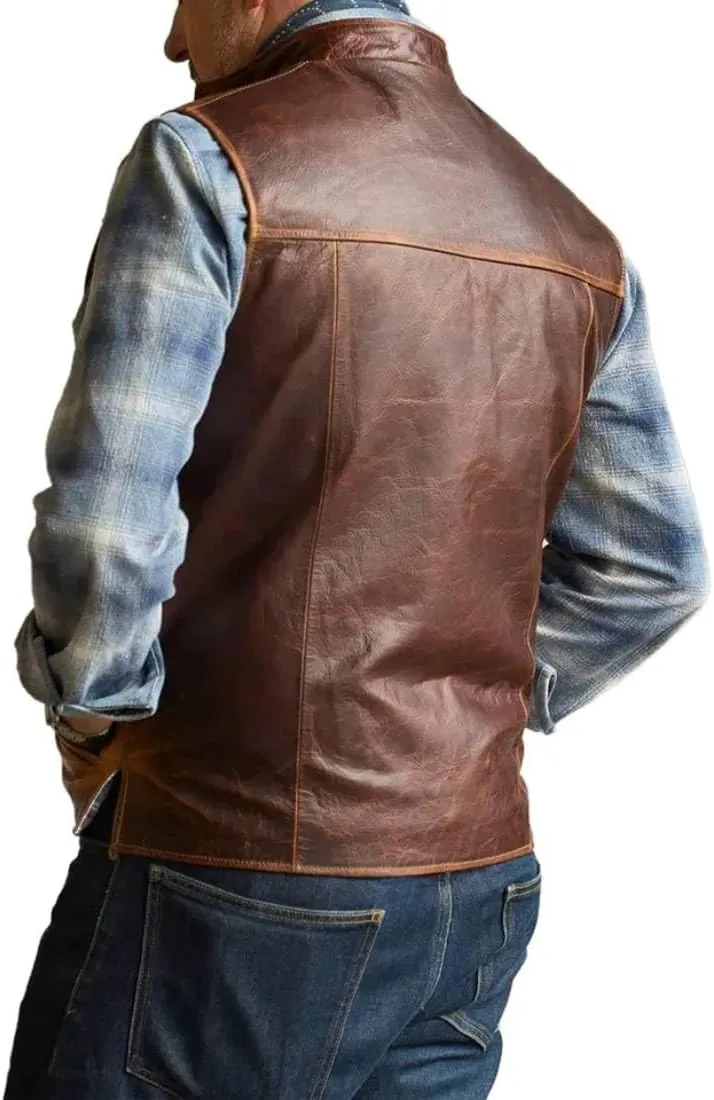 H&D Clothing Men's Genuine Lambskin Leather Vest Brown Motorcycle Lambskin Motorcycle Vest Distressed Style Vest