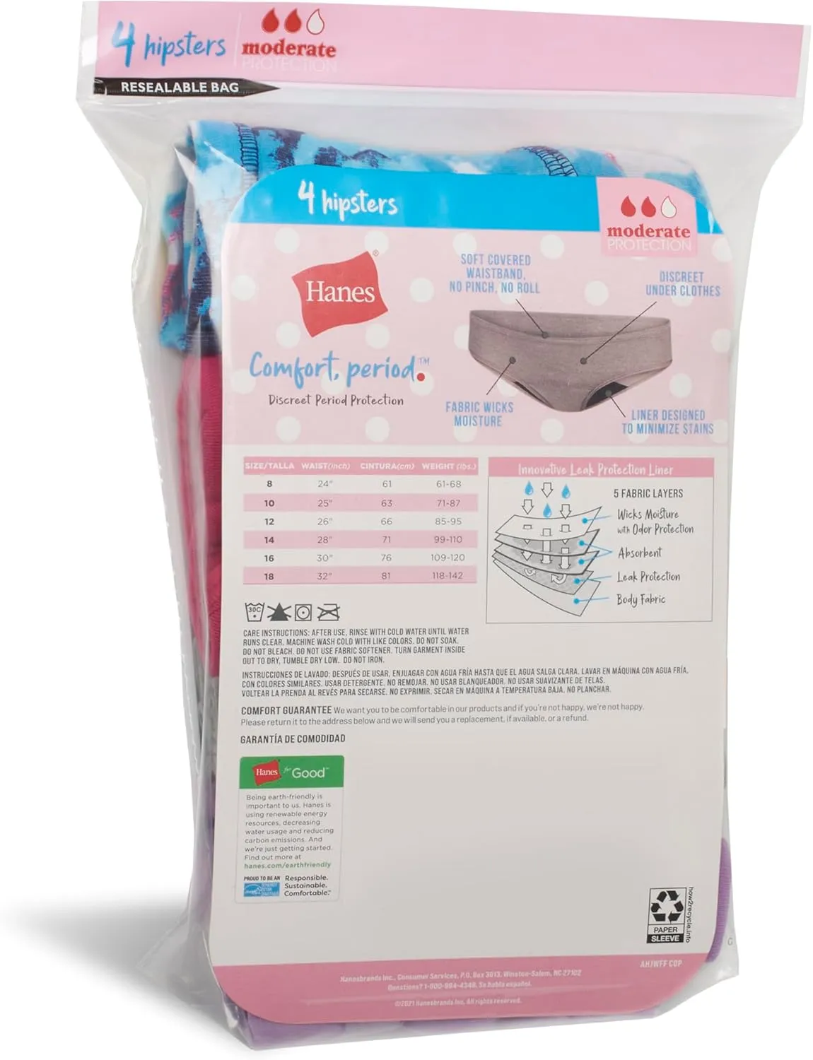 Hanes Girls' Comfort, Period. Boys'hort & Hipster Period Underwear, Moderate Protection, Multi-Pack