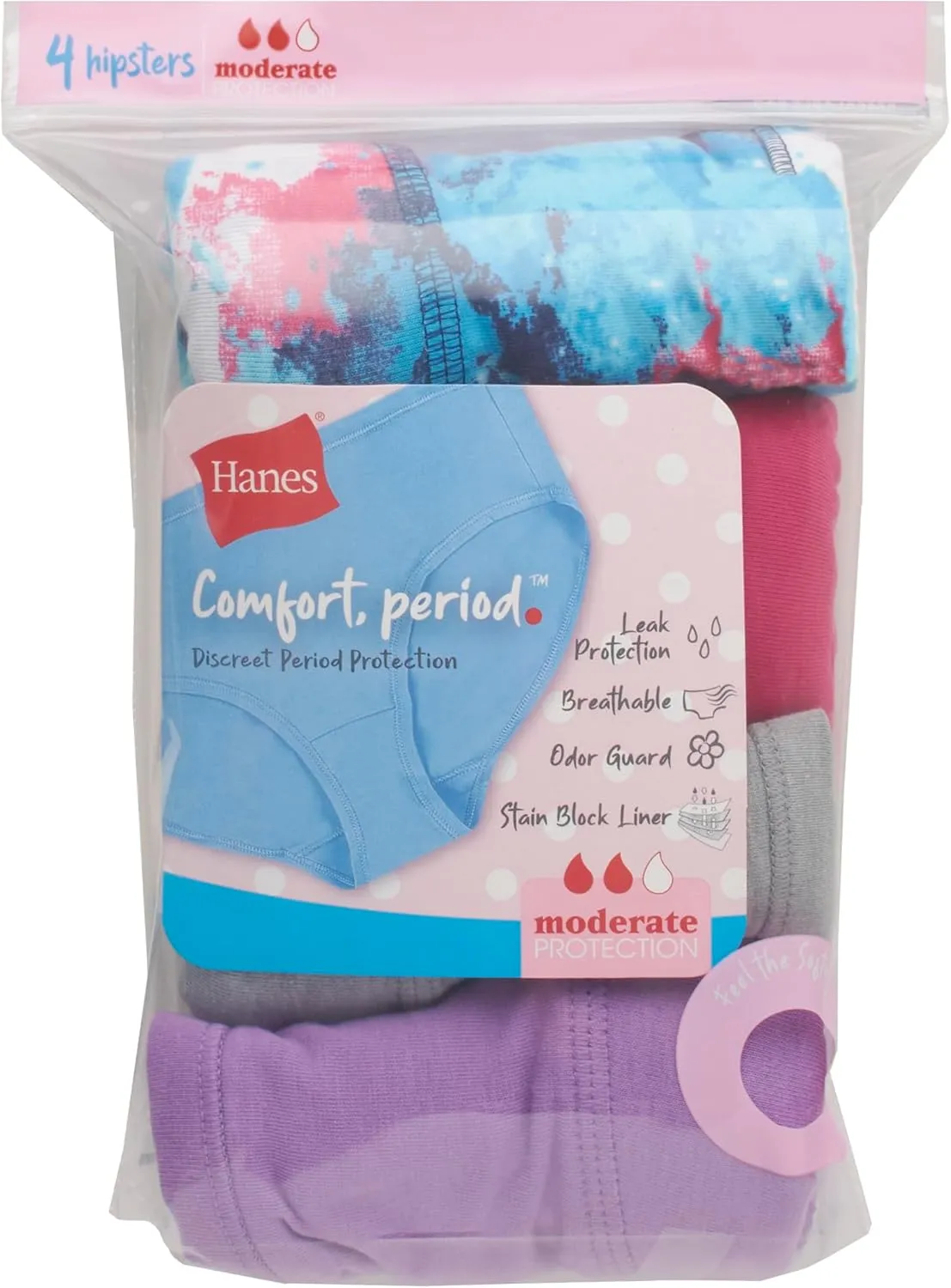 Hanes Girls' Comfort, Period. Boys'hort & Hipster Period Underwear, Moderate Protection, Multi-Pack