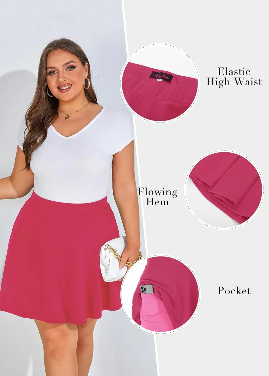Hanna Nikole Women Plus Size Casual Mini Skater Skirt Elastic Lining High Waist Basic Flared Skorts Pleated with Pocket