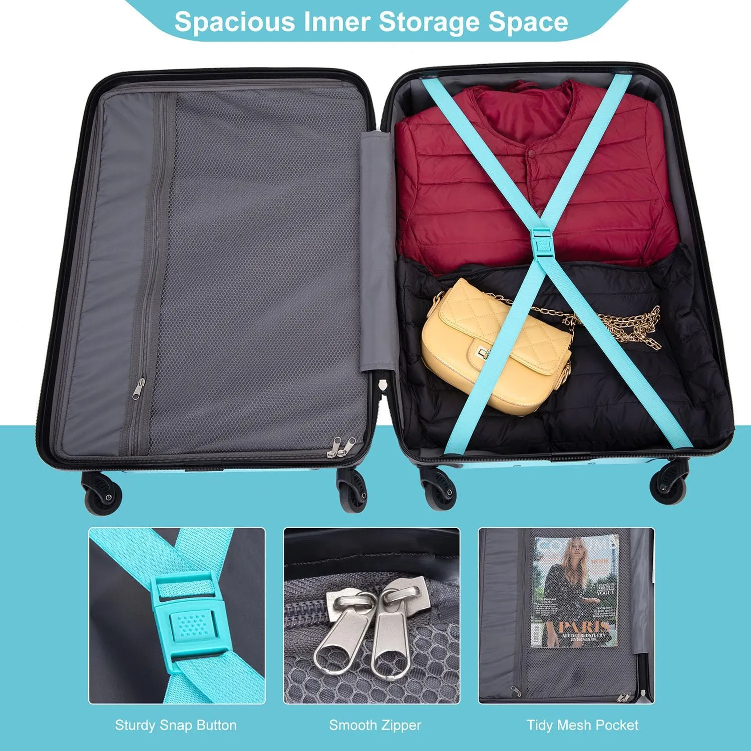 Hardshell Luggage Sets 3 Piece,Rolling Suitcases with Wheels,Travel Suitcase&Hard Hhell Suitcases with Two Hooks,TSA Lock,Adjustable Pull Rod(21/25/29) (Aqua Blue)
