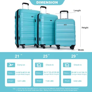 Hardshell Luggage Sets 3 Piece,Rolling Suitcases with Wheels,Travel Suitcase&Hard Hhell Suitcases with Two Hooks,TSA Lock,Adjustable Pull Rod(21/25/29) (Aqua Blue)