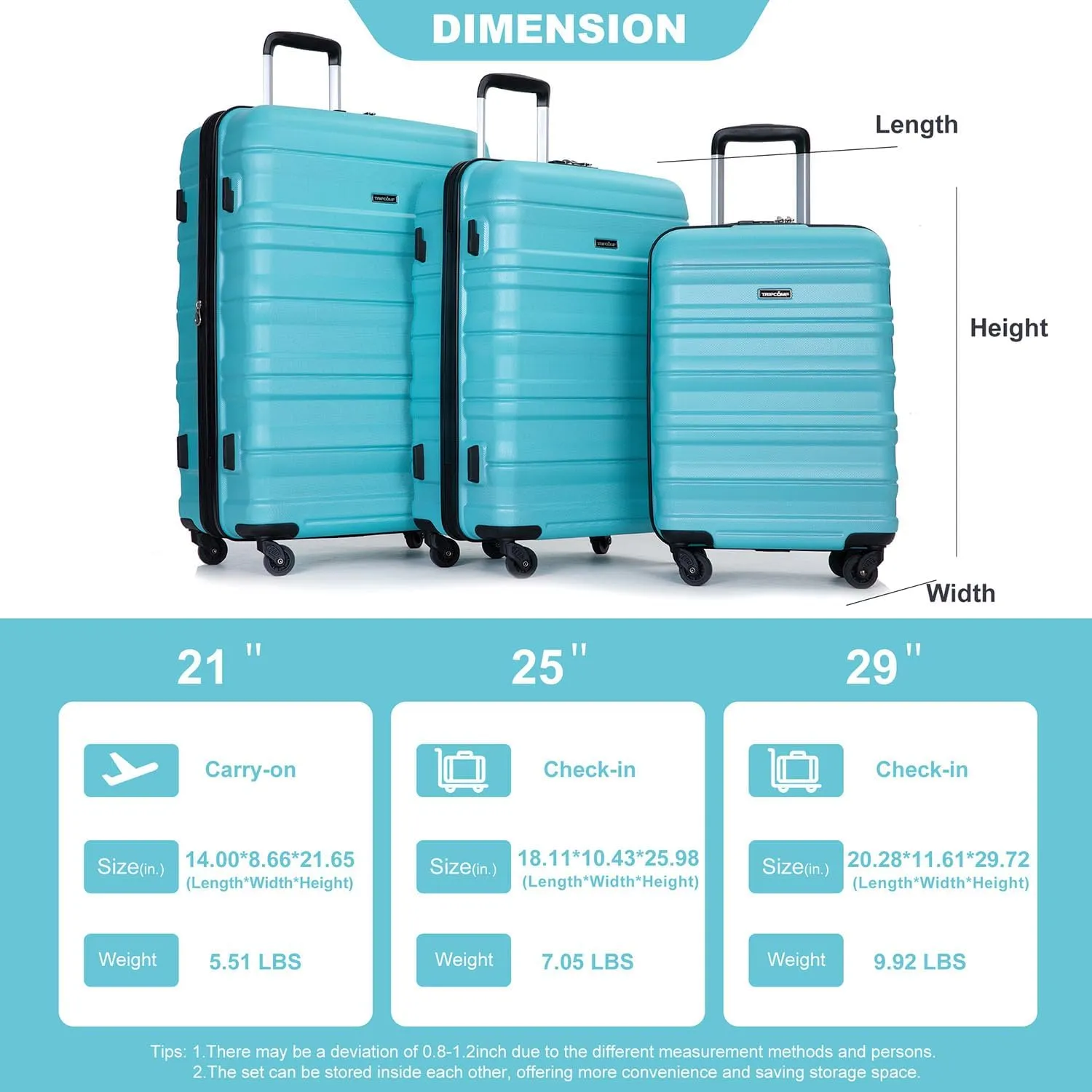 Hardshell Luggage Sets 3 Piece,Rolling Suitcases with Wheels,Travel Suitcase&Hard Hhell Suitcases with Two Hooks,TSA Lock,Adjustable Pull Rod(21/25/29) (Aqua Blue)