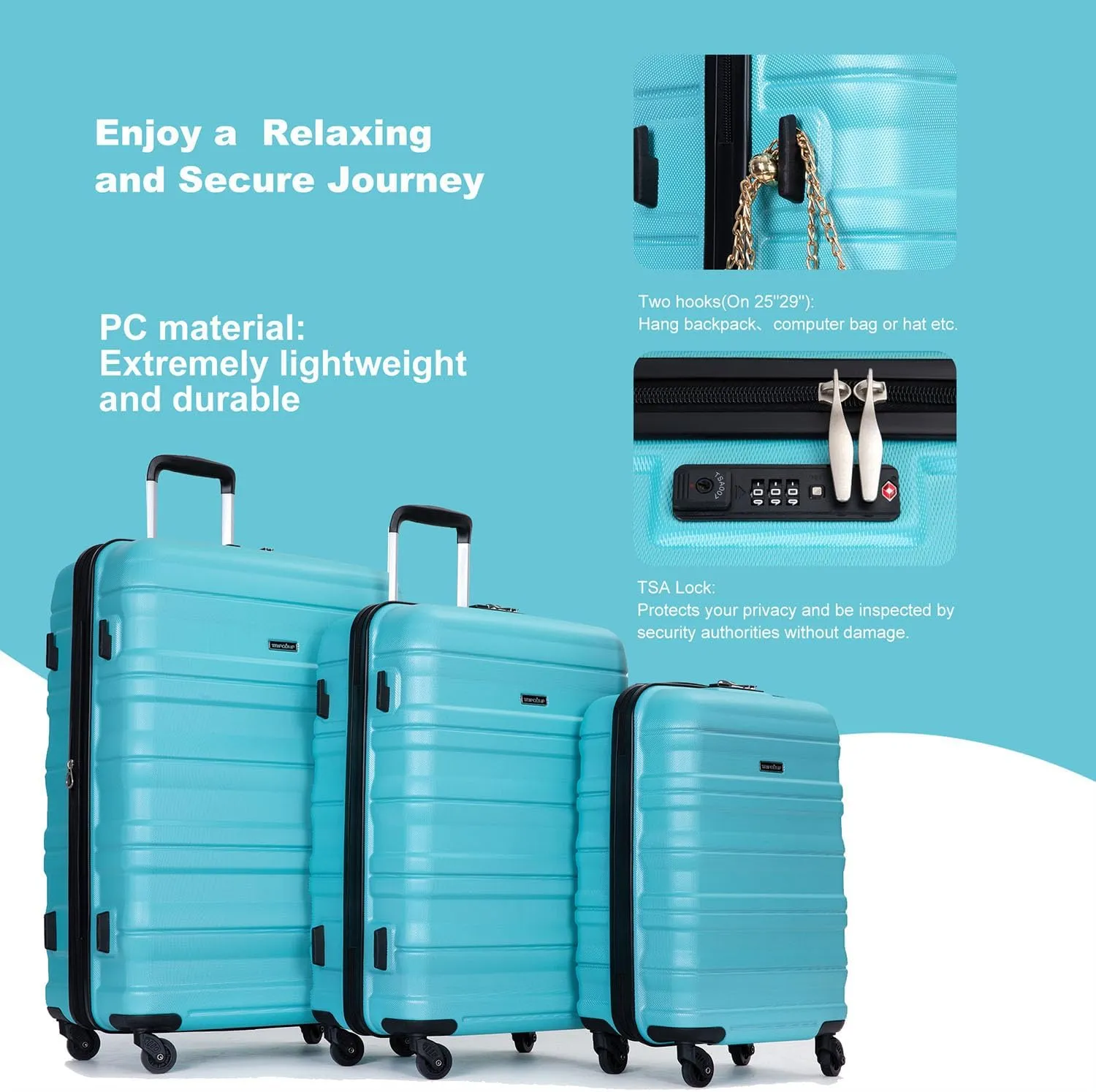 Hardshell Luggage Sets 3 Piece,Rolling Suitcases with Wheels,Travel Suitcase&Hard Hhell Suitcases with Two Hooks,TSA Lock,Adjustable Pull Rod(21/25/29) (Aqua Blue)