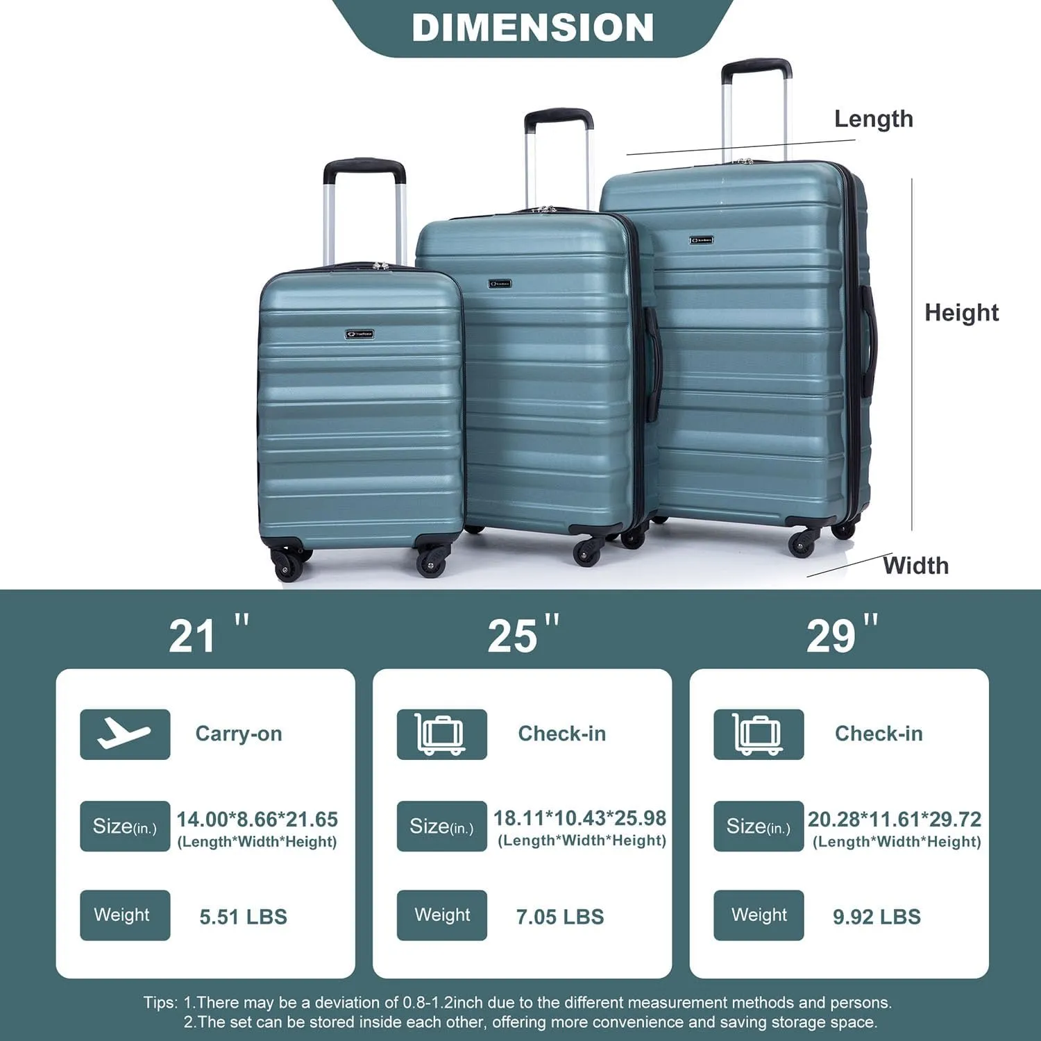 Hardshell Luggage Sets 3 Piece,Rolling Suitcases with Wheels,Travel Suitcase&Hard Hhell Suitcases with Two Hooks,TSA Lock,Adjustable Pull Rod(21/25/29) (Dark Green)