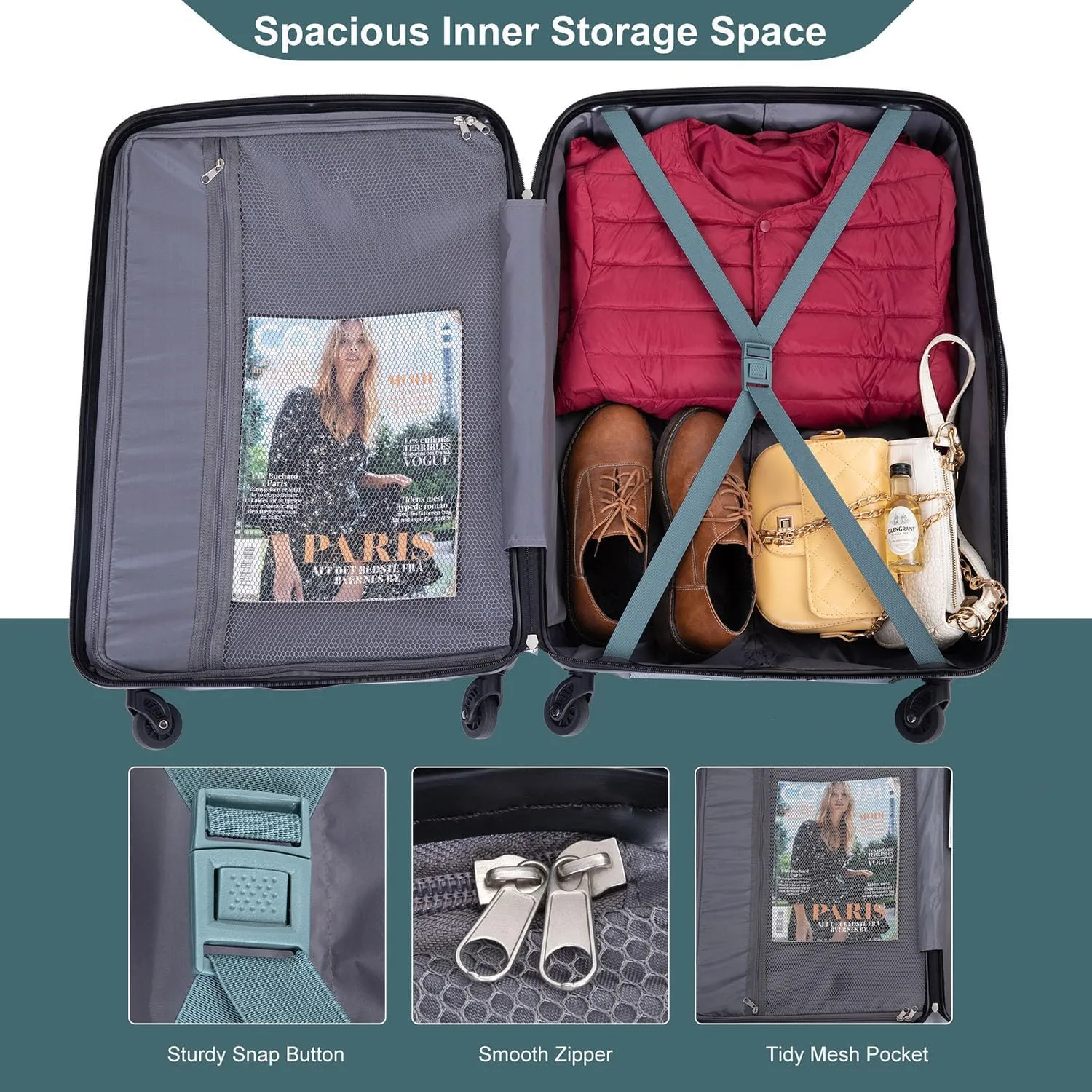 Hardshell Luggage Sets 3 Piece,Rolling Suitcases with Wheels,Travel Suitcase&Hard Hhell Suitcases with Two Hooks,TSA Lock,Adjustable Pull Rod(21/25/29) (Dark Green)