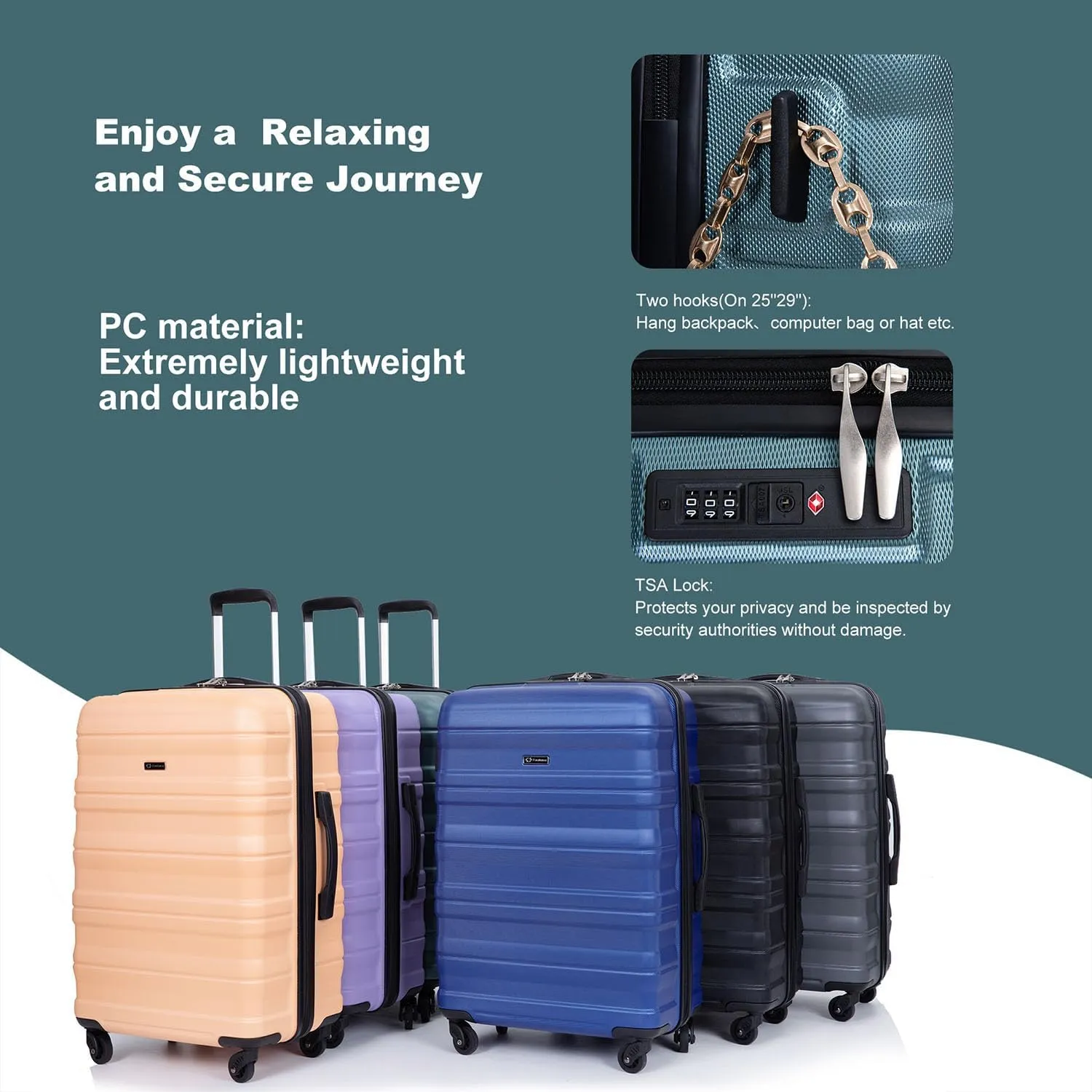Hardshell Luggage Sets 3 Piece,Rolling Suitcases with Wheels,Travel Suitcase&Hard Hhell Suitcases with Two Hooks,TSA Lock,Adjustable Pull Rod(21/25/29) (Dark Green)