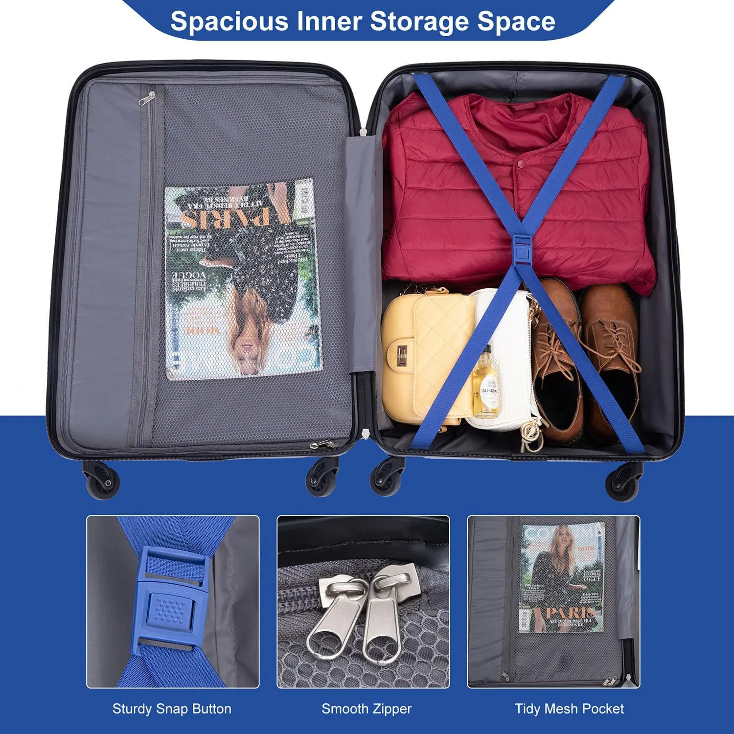 Hardshell Luggage Sets 3 Piece,Rolling Suitcases with Wheels,Travel Suitcase&Hard Shell Suitcases with Two Hooks,TSA Lock,Adjustable Pull Rod(21/25/29) (Dark Blue)
