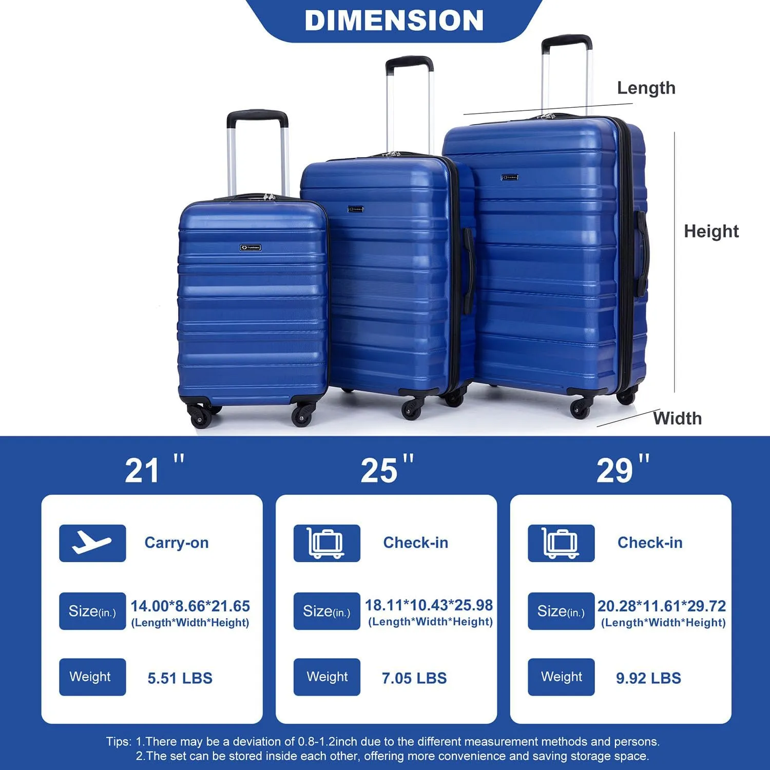 Hardshell Luggage Sets 3 Piece,Rolling Suitcases with Wheels,Travel Suitcase&Hard Shell Suitcases with Two Hooks,TSA Lock,Adjustable Pull Rod(21/25/29) (Dark Blue)
