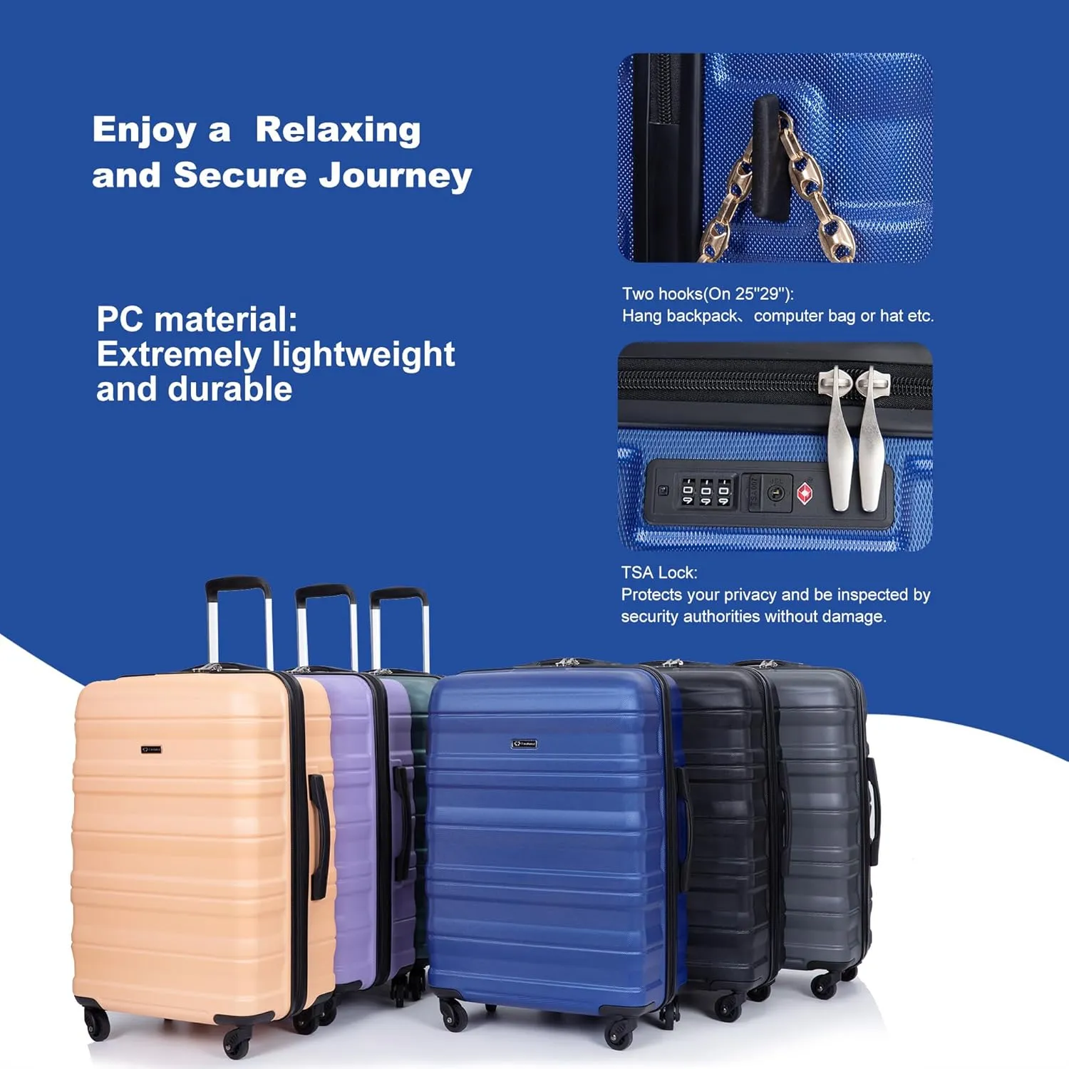 Hardshell Luggage Sets 3 Piece,Rolling Suitcases with Wheels,Travel Suitcase&Hard Shell Suitcases with Two Hooks,TSA Lock,Adjustable Pull Rod(21/25/29) (Dark Blue)