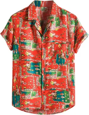 Hawaiian Shirt for Men Button Down Linen Shirts Short Sleeve Cotton Beach Tops with Pocket Men's Casual Short Sleeve