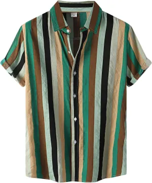 Hawaiian Shirt for Men Short Sleeve Button Down Summer Cuba Beach Shirts Striped Print Top with Pocket