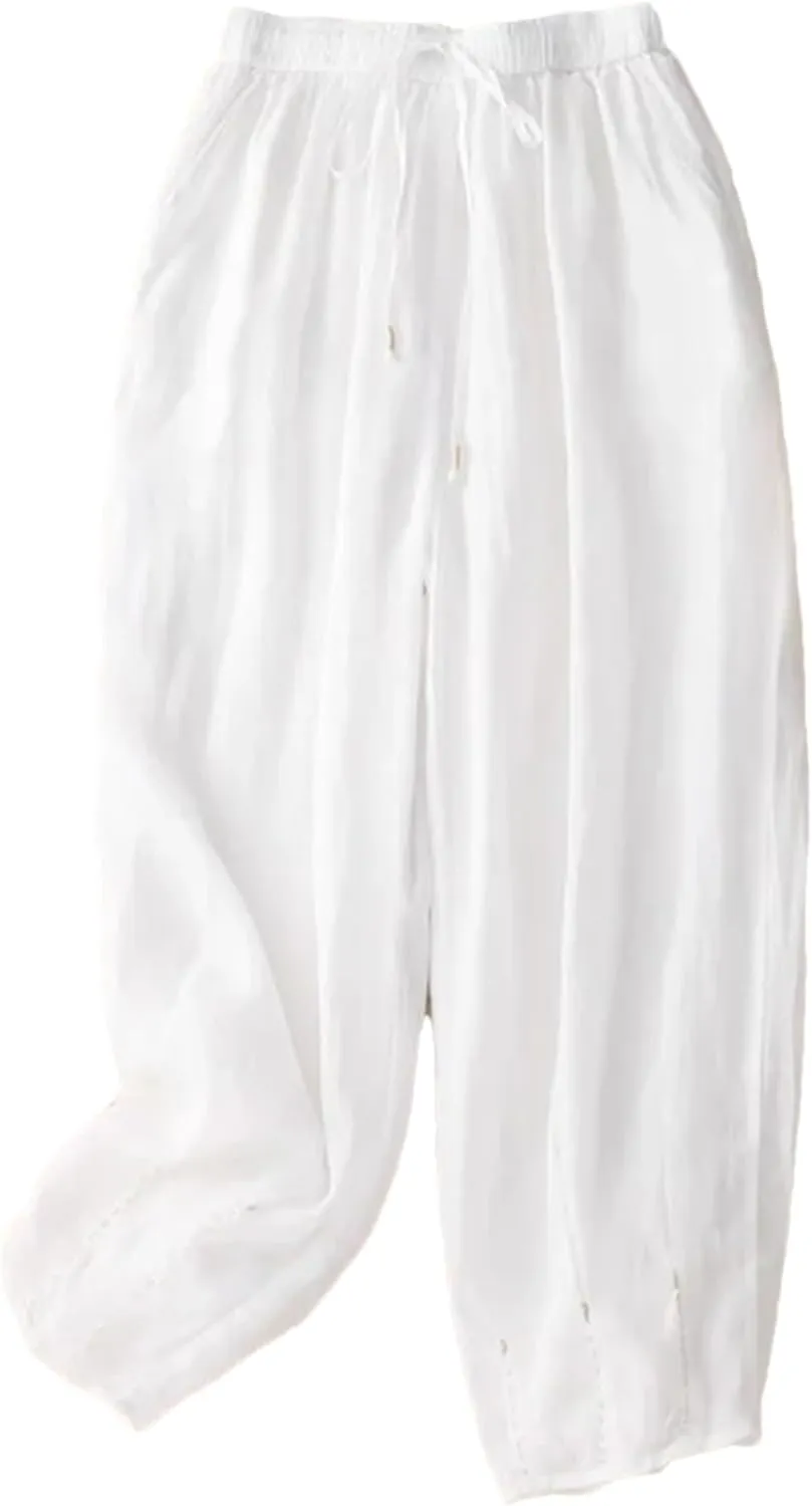 Hndudnff Women Ankle-Length Harem Pants Summer Casual Loose Drawstring High Waist Thin Trousers