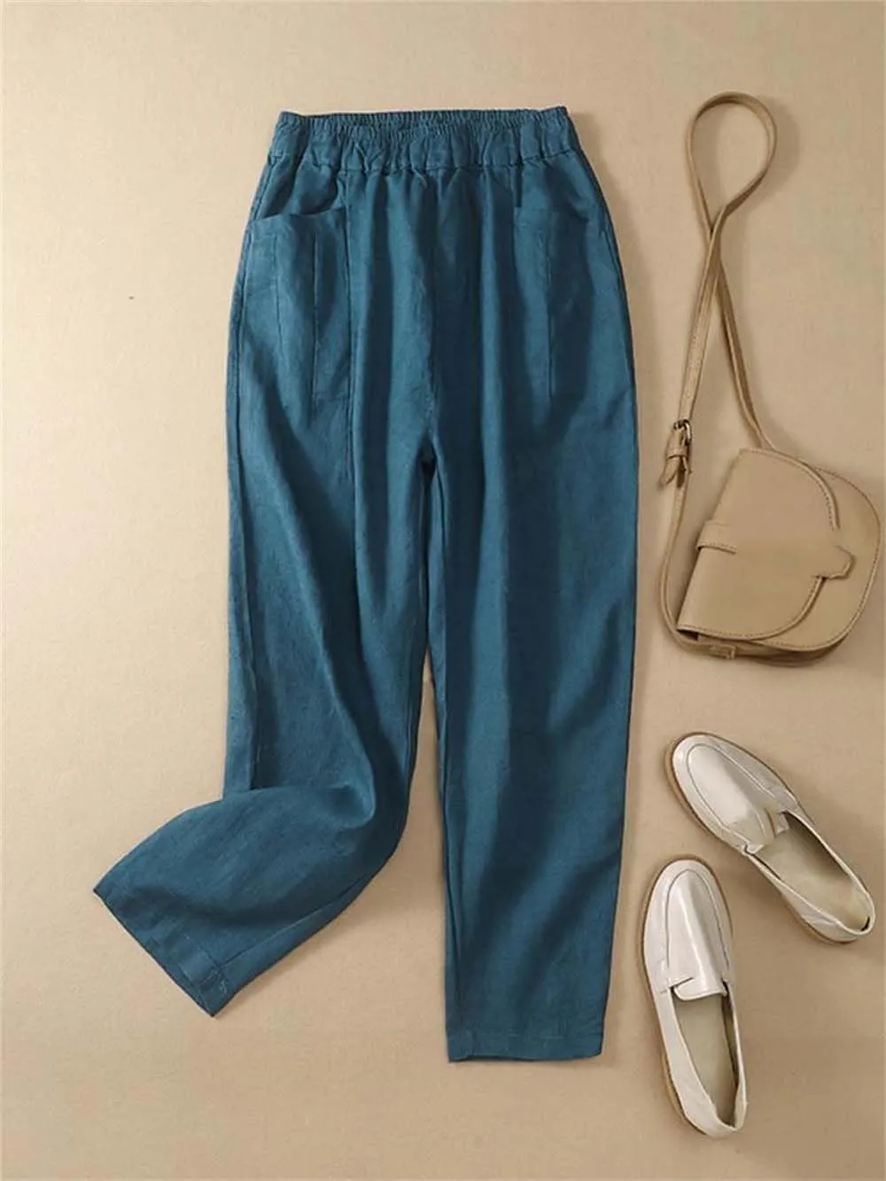 Hndudnff Women Loose Solid Cotton Pants Summer Casual Harem Pants Mid Waist Slim Trousers