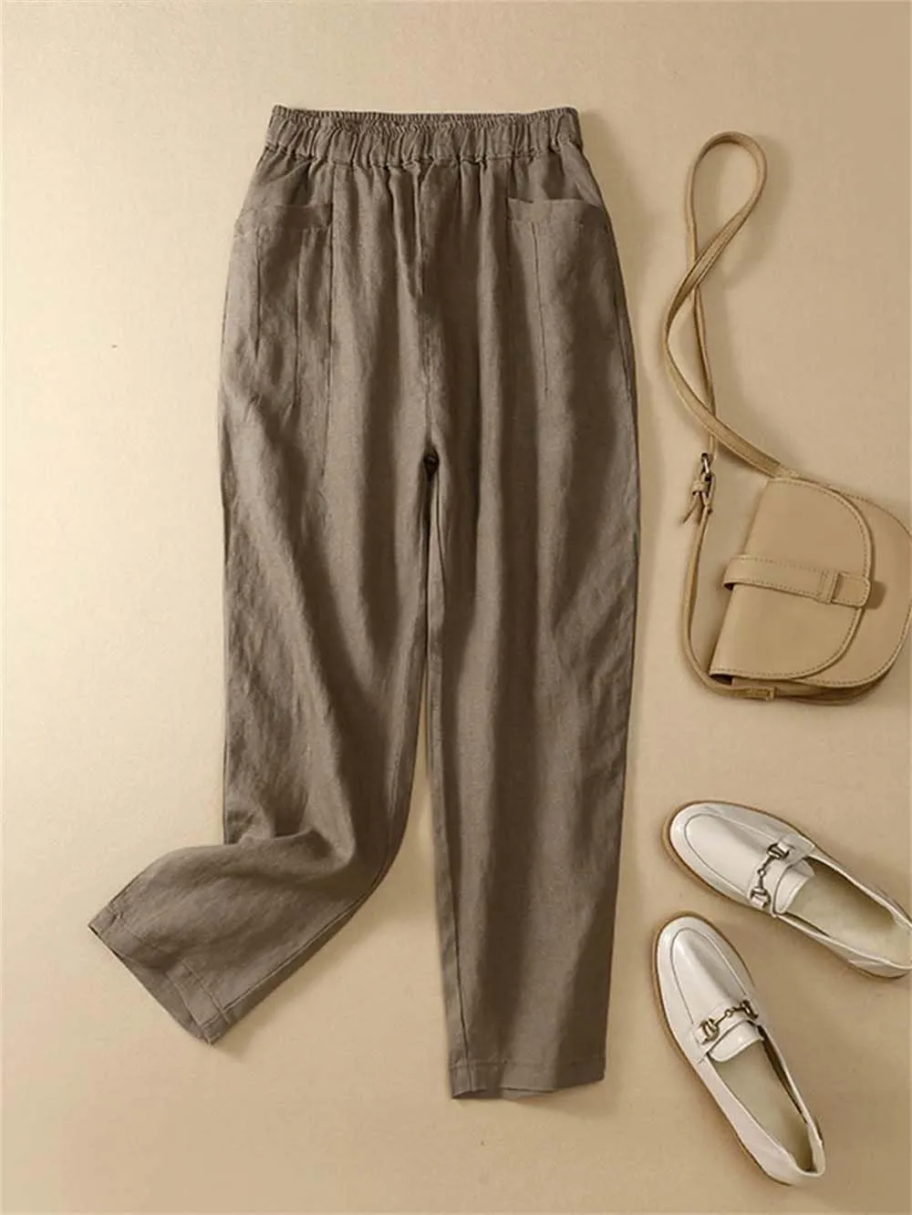 Hndudnff Women Loose Solid Cotton Pants Summer Casual Harem Pants Mid Waist Slim Trousers