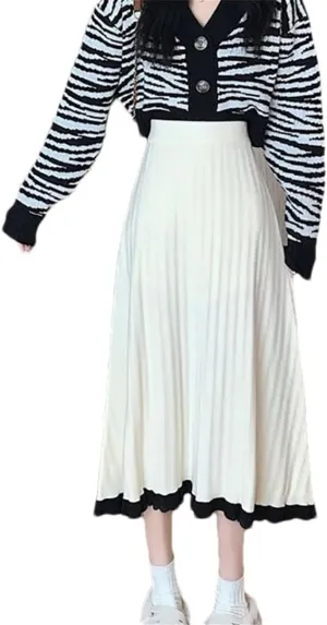 Hndudnff Women Wool Blended Midi Skirt Elastic High Waist Casual Loose Pleated Long Skirts