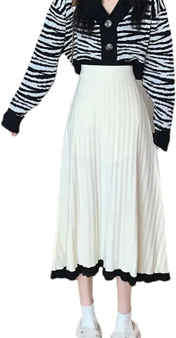 Hndudnff Women Wool Blended Midi Skirt Elastic High Waist Casual Loose Pleated Long Skirts