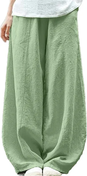 Hndudnff Womens Summer Loose-Fitting Wide Leg Bloomers Harem Pant Solid High Waisted Cotton Trousers