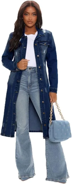 Hole Cotton Autumn Winter Long Denim Jacket Trench Coat Cardigan Jeans Cape Women Long Sleeve Coat