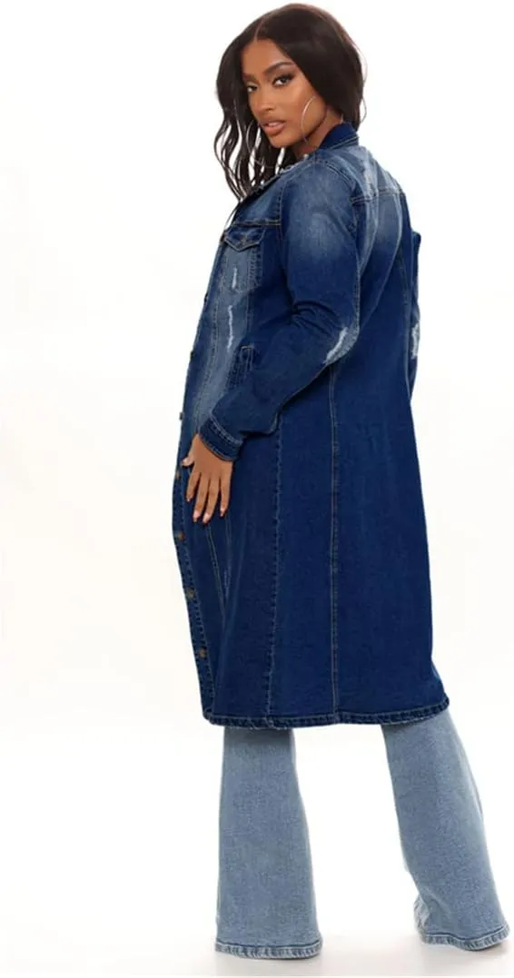 Hole Cotton Autumn Winter Long Denim Jacket Trench Coat Cardigan Jeans Cape Women Long Sleeve Coat