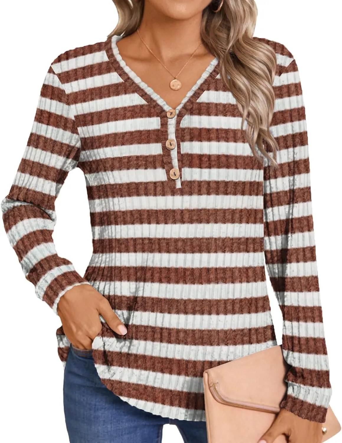 HOTGIFT Sweaters for Womens Winter Long Sleeve V Neck Shirts Casual Loose Fall Fashion Pullover Clothes