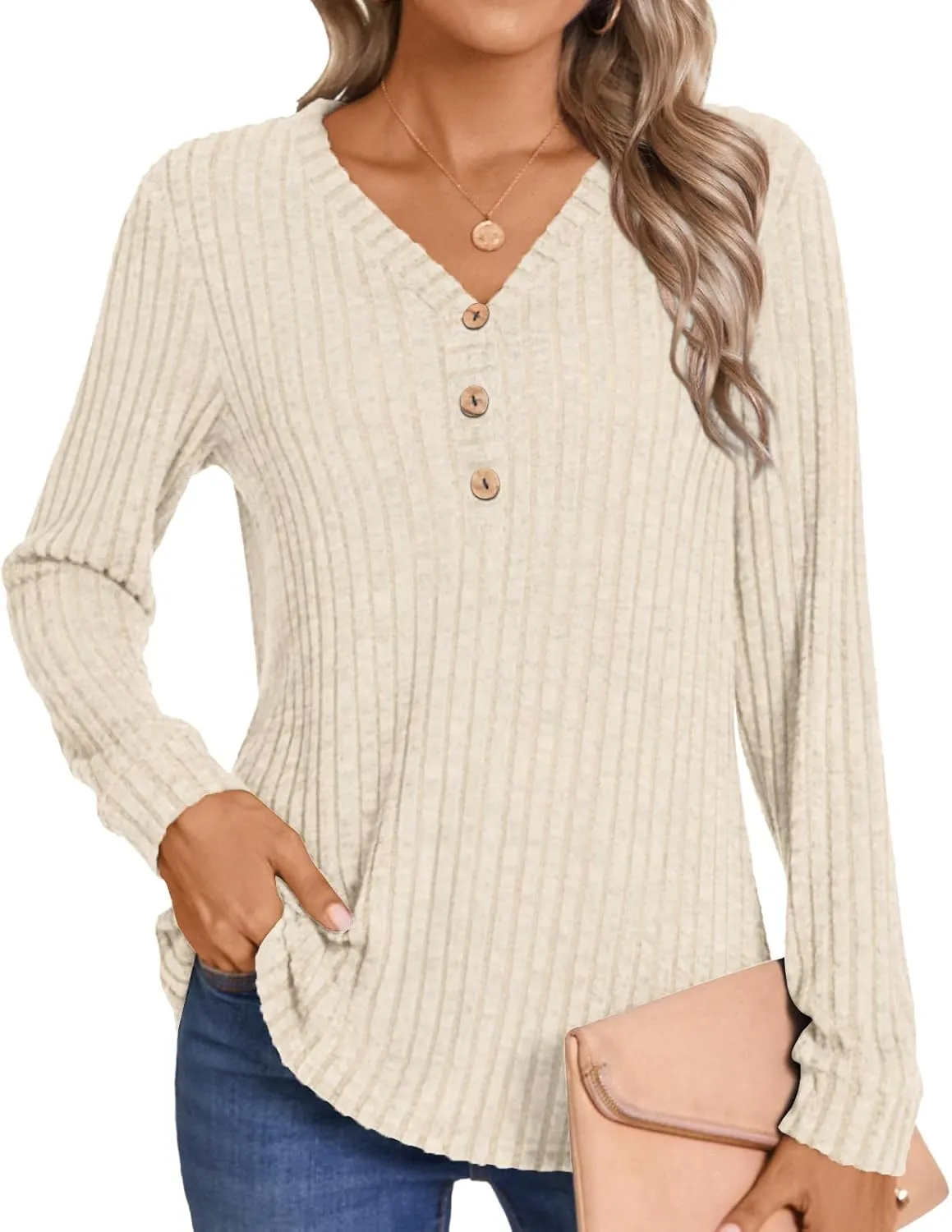 HOTGIFT Sweaters for Womens Winter Long Sleeve V Neck Shirts Casual Loose Fall Fashion Pullover Clothes