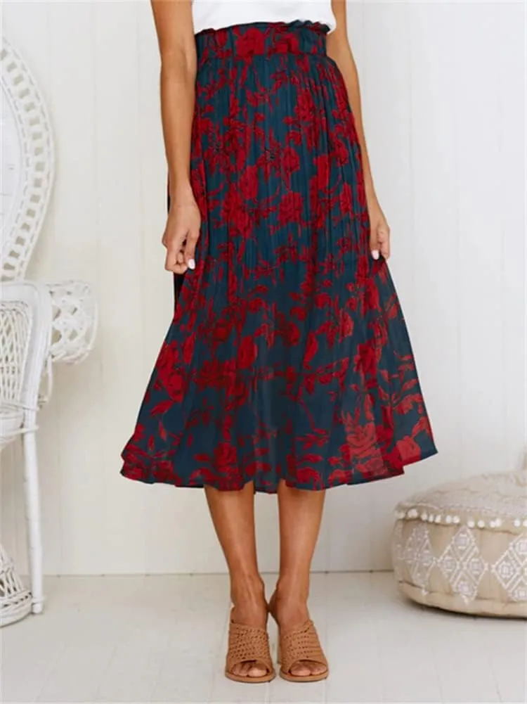 HOULENGS Women's Casual Print Pleated Long Skirts Elastic High Waist Ruffle Maxi Skirt with Pockets