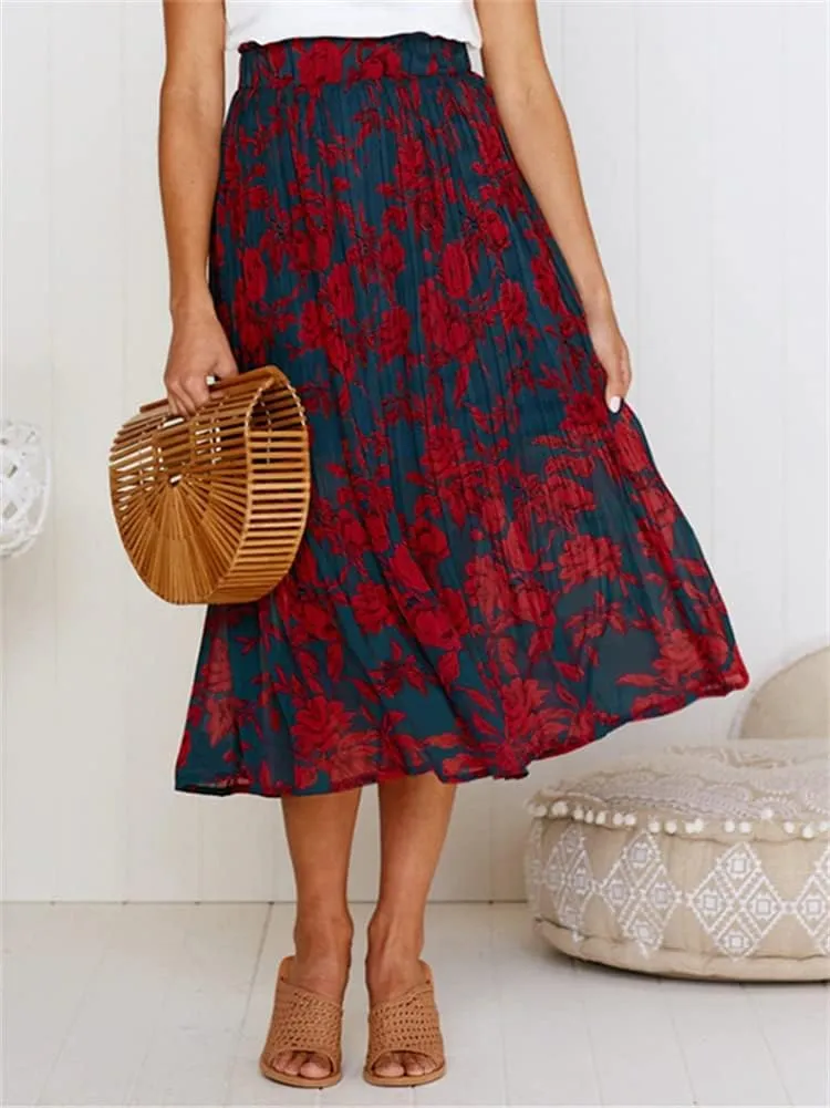 HOULENGS Women's Casual Print Pleated Long Skirts Elastic High Waist Ruffle Maxi Skirt with Pockets