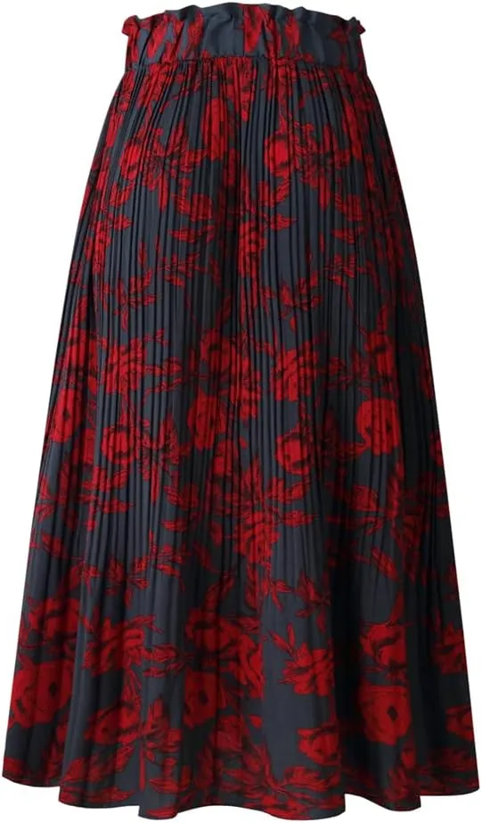 HOULENGS Women's Casual Print Pleated Long Skirts Elastic High Waist Ruffle Maxi Skirt with Pockets