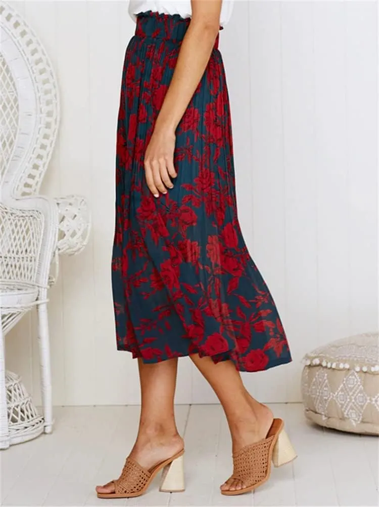 HOULENGS Women's Casual Print Pleated Long Skirts Elastic High Waist Ruffle Maxi Skirt with Pockets