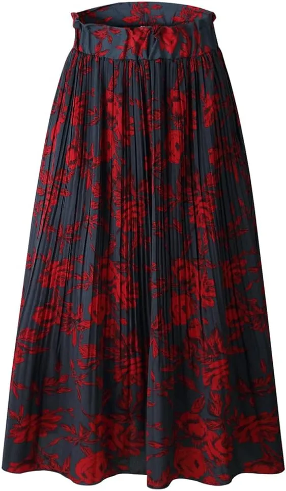 HOULENGS Women's Casual Print Pleated Long Skirts Elastic High Waist Ruffle Maxi Skirt with Pockets